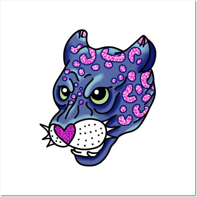 American traditional Panther Tattoo in Navy and Pink with Glitter and Sparkles Snarling cute gift Wall Art by AnanasArt